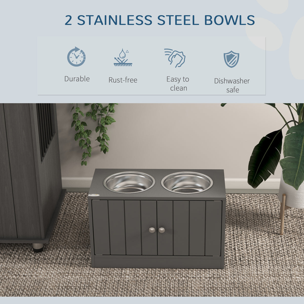 PawHut Large Elevated Dog Bowls with 44L Storage Cabinet, Raised Pet Food Bowl Stand & Feeding Station, Gray | Aosom.com