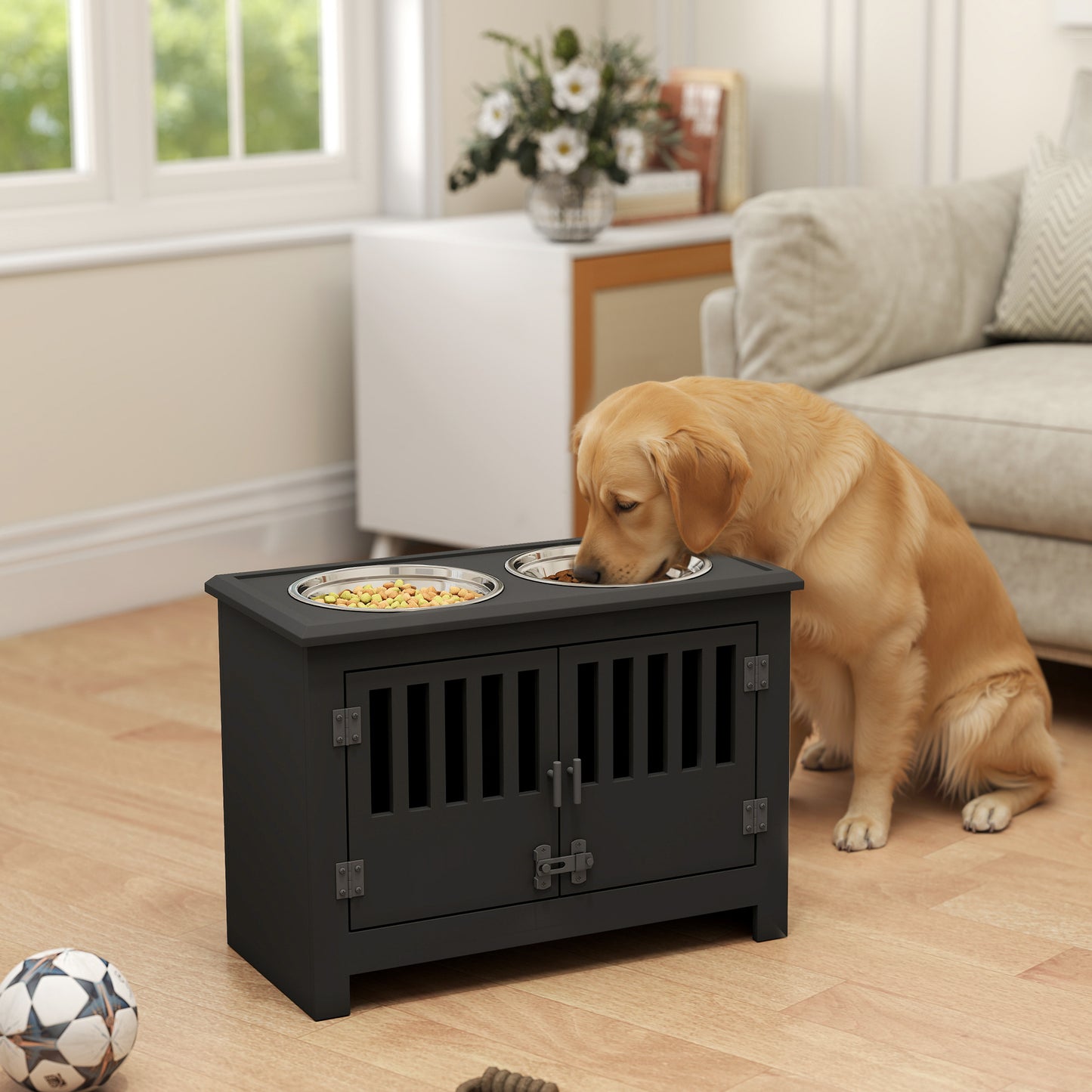 PawHut Dog Food Storage Cabinet with Bowls & Dog Feeding Station, Black