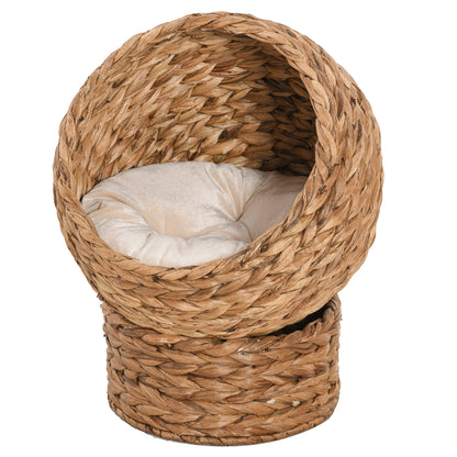 PawHut Wicker Elevated Cat Bed with Soft Cushion Brown Cat Egg Chair Shape Indoor | Aosom.com