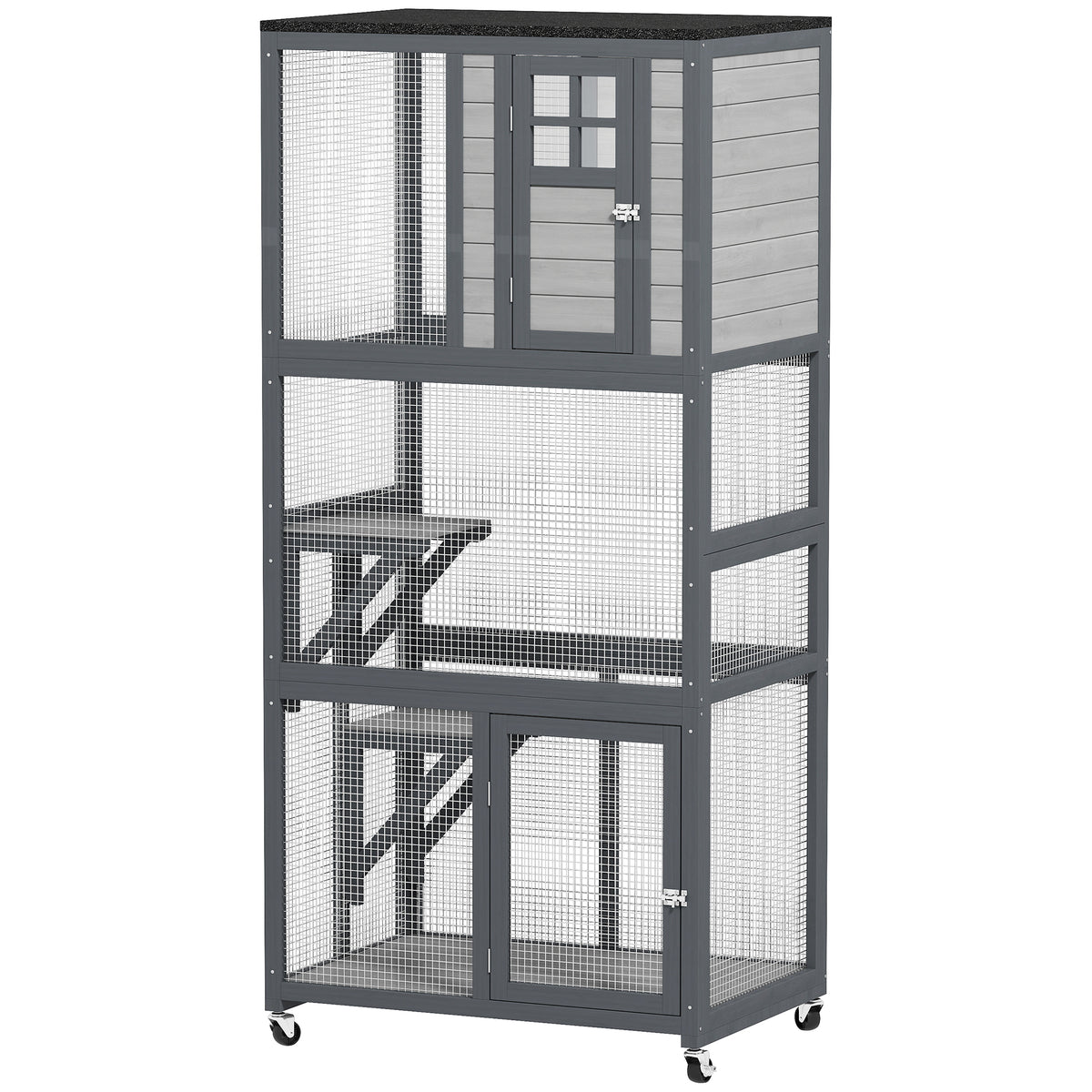 PawHut 74" Wooden Outdoor Cat House Catio with High Weight Capacity, Cat Cage Condo, Light Gray | Aosom.com