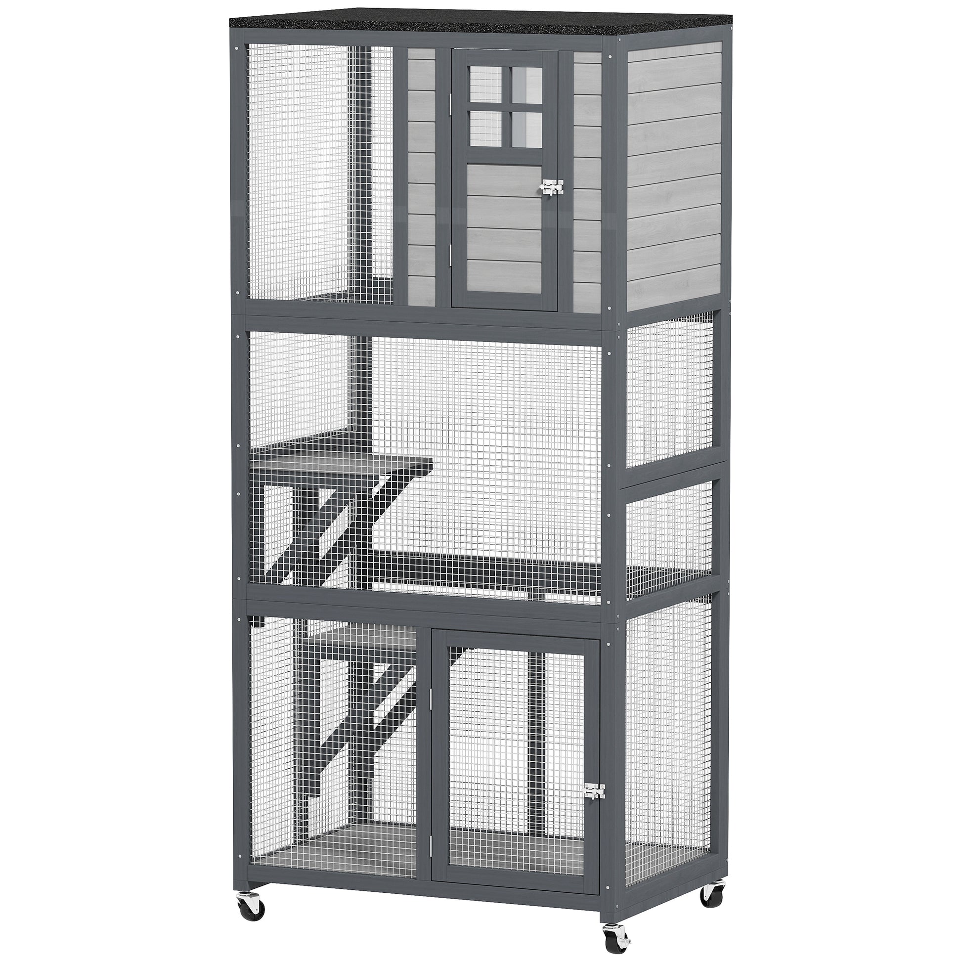 PawHut 74" Wooden Outdoor Cat House Catio with High Weight Capacity, Cat Cage Condo, Light Gray | Aosom.com
