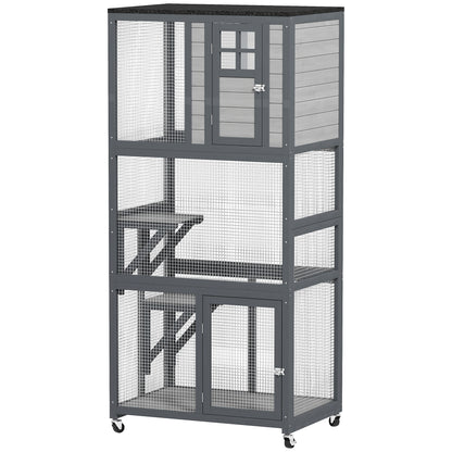 PawHut 74" Wooden Outdoor Cat House Catio with High Weight Capacity, Cat Cage Condo, Light Gray | Aosom.com