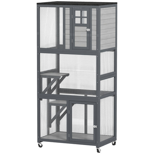PawHut 74" Wooden Outdoor Cat House Catio with High Weight Capacity, Cat Cage Condo, Light Gray | Aosom.com