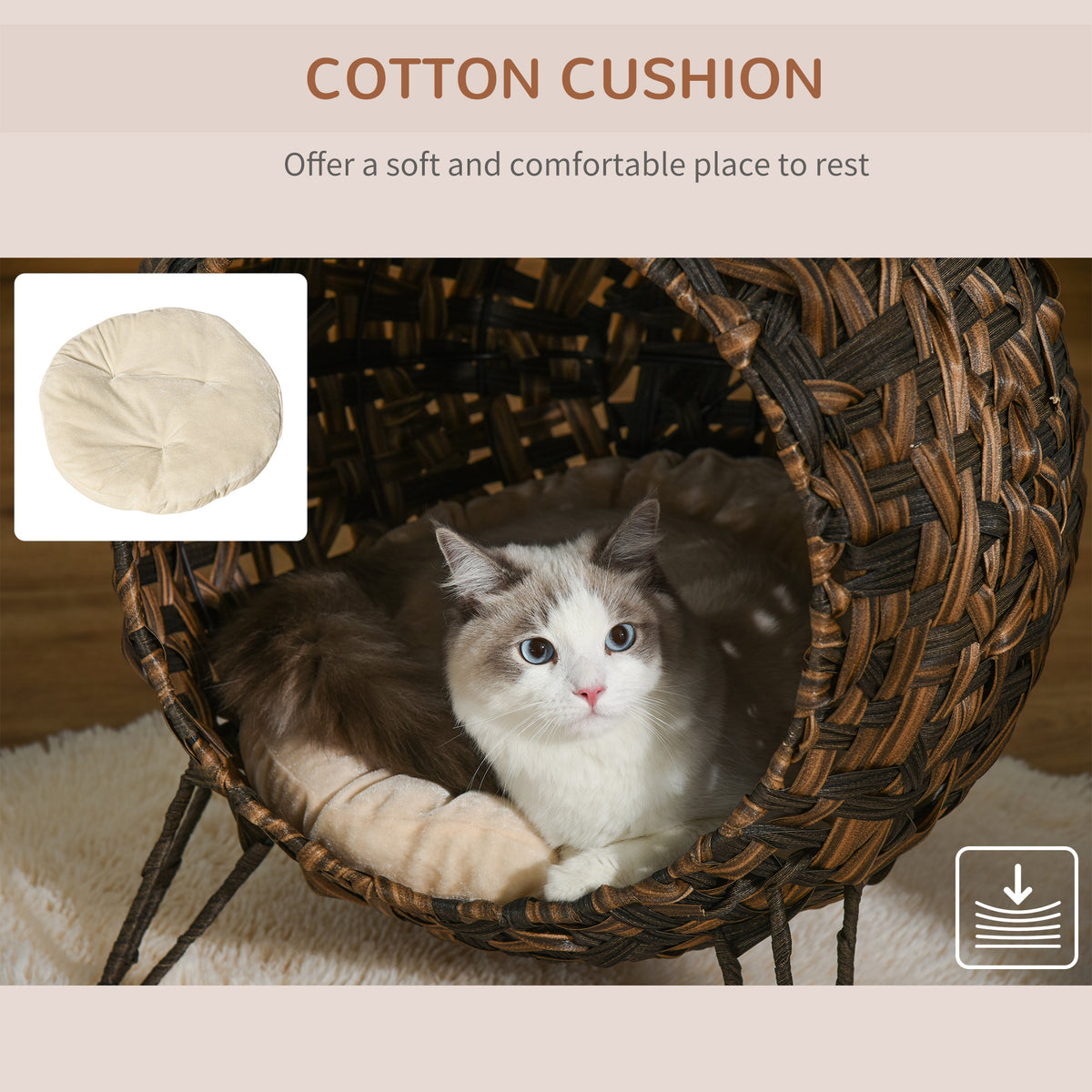 PawHut 20.5 Woven Wicker Cat Bed Elevated Hand-Woven Braided Banana Leaf Kitten House Condo with Cushion Brown | Aosom.com