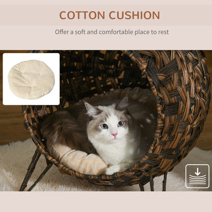 PawHut 20.5 Woven Wicker Cat Bed Elevated Hand-Woven Braided Banana Leaf Kitten House Condo with Cushion Brown | Aosom.com