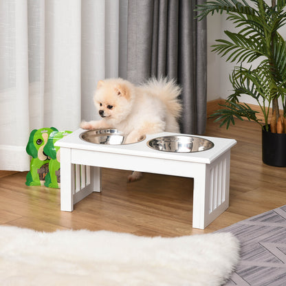 PawHut Wooden Dog Feeding Station with 2 Stainless Steel Bowls and Non-Slip Base Elegant White | Aosom.com