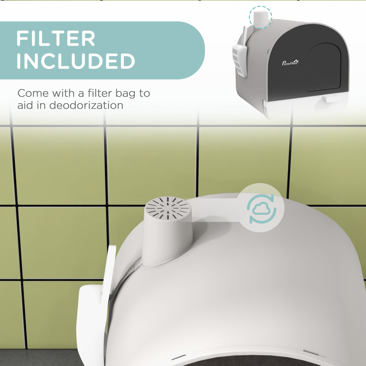 PawHut Covered Cat Litter Box, for Indoor use, with Tray, Scoop, Filter, 17"x17"x18.5", Light Gray | Aosom.com