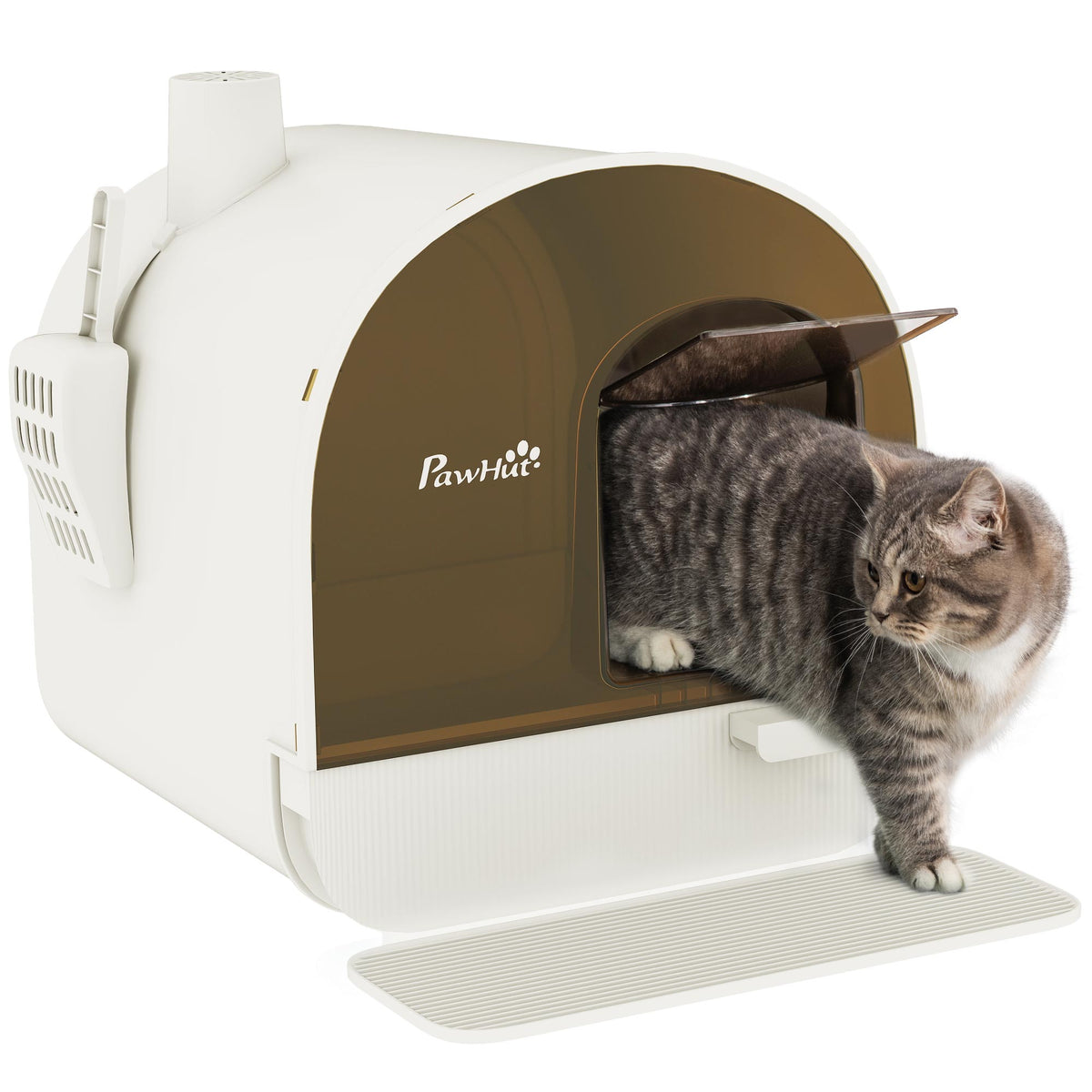 PawHut Covered Cat Litter Box with Lid, Scoop, and Filter, Sleek White | Aosom.com