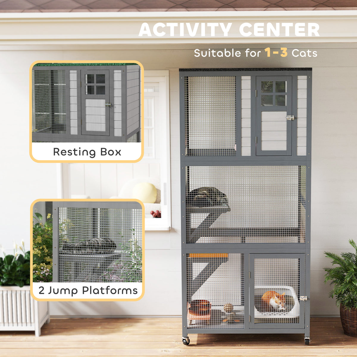 PawHut 74" Wooden Outdoor Cat House Catio with High Weight Capacity, Cat Cage Condo, Light Gray | Aosom.com