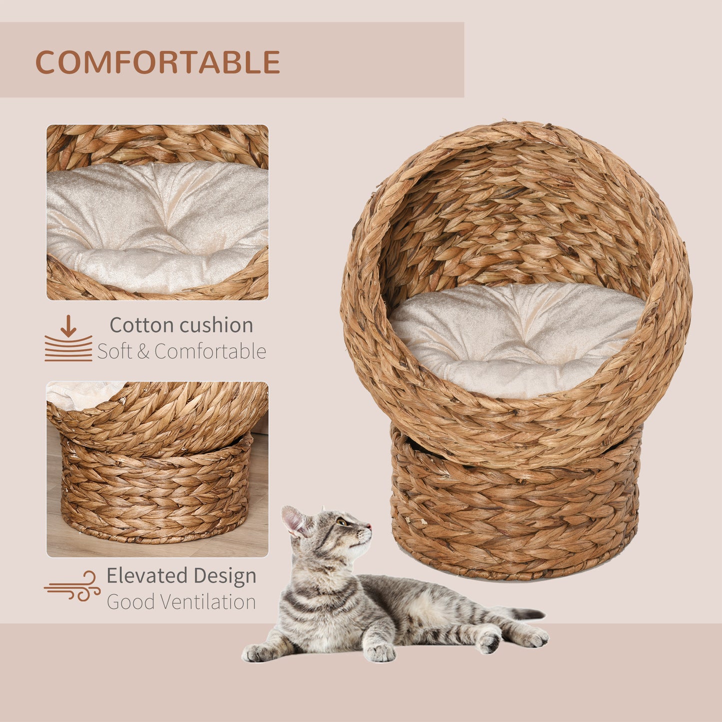 PawHut Wicker Elevated Cat Bed with Soft Cushion Brown Cat Egg Chair Shape Indoor | Aosom.com