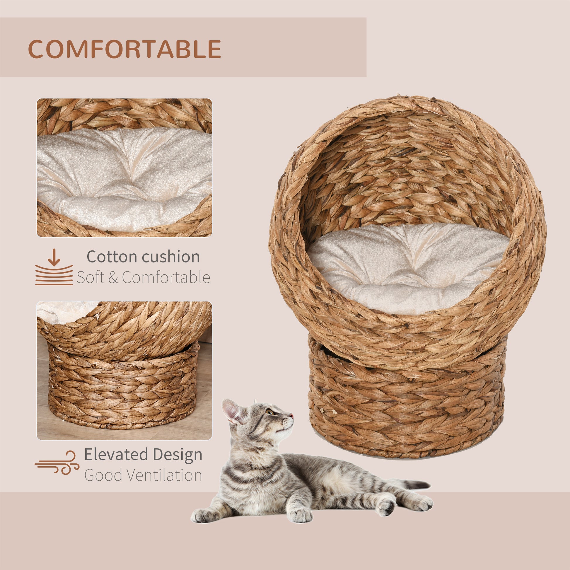 PawHut Wicker Elevated Cat Bed with Soft Cushion Brown Cat Egg Chair Shape Indoor | Aosom.com
