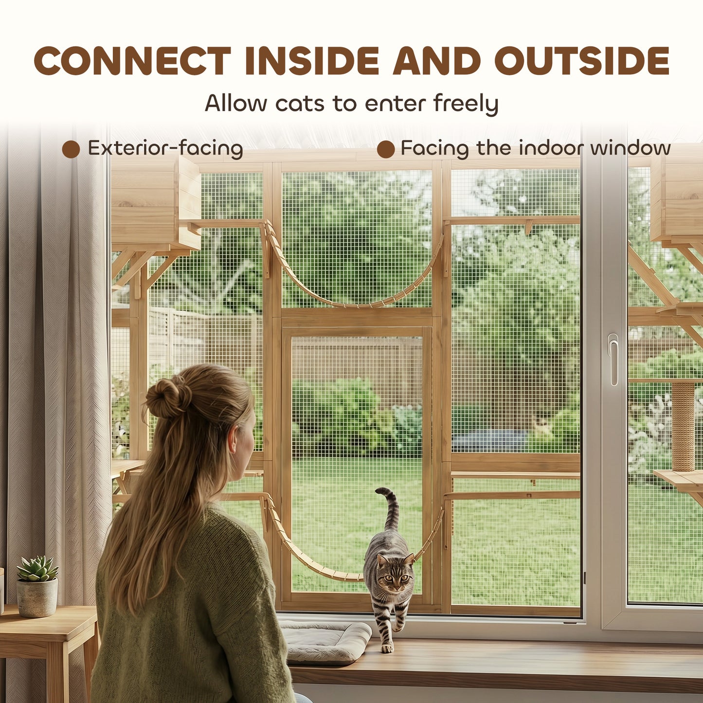 PawHut Catio Playground Cat Window Box Outside Enclosure for Multiple Cats w/ Shelves & Bridges, Yellow
