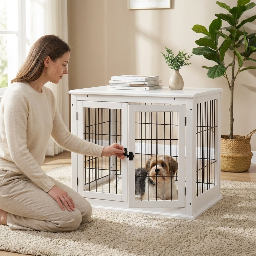 PawHut 26" Wooden Dog Cage Dog Crate Furniture, Indoor Dog Kennel, Dog Cage End Table with 2 Lockable Doors Entrance & Top Shelf, White