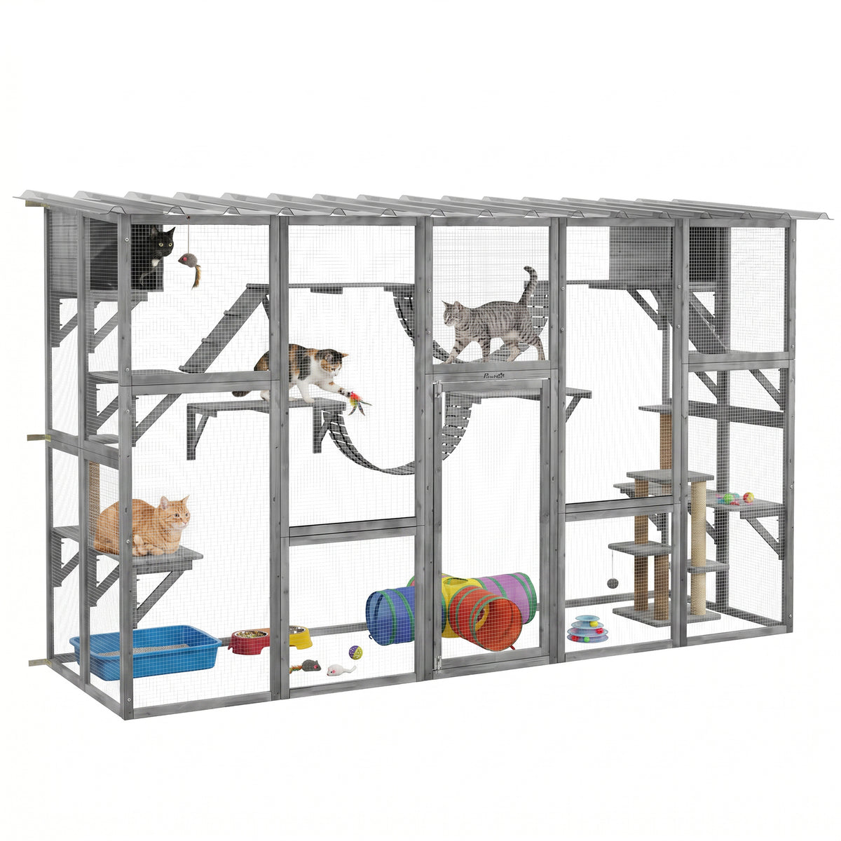 PawHut Outdoor Cat Cages Enclosures, Wooden Outdoor Cat House, Weather Protection Roof, Cat Shelter Kitten Playpen with Shelves & Bridges