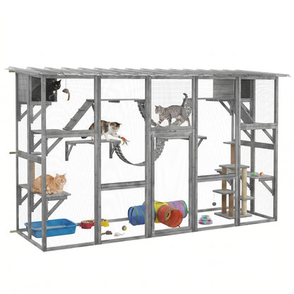 PawHut Outdoor Cat Cages Enclosures, Wooden Outdoor Cat House, Weather Protection Roof, Cat Shelter Kitten Playpen with Shelves & Bridges