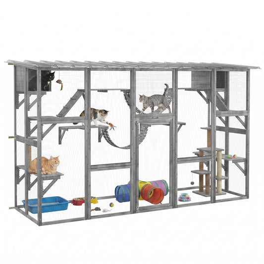 PawHut Outdoor Cat Cages Enclosures, Wooden Outdoor Cat House, Weather Protection Roof, Cat Shelter Kitten Playpen with Shelves & Bridges