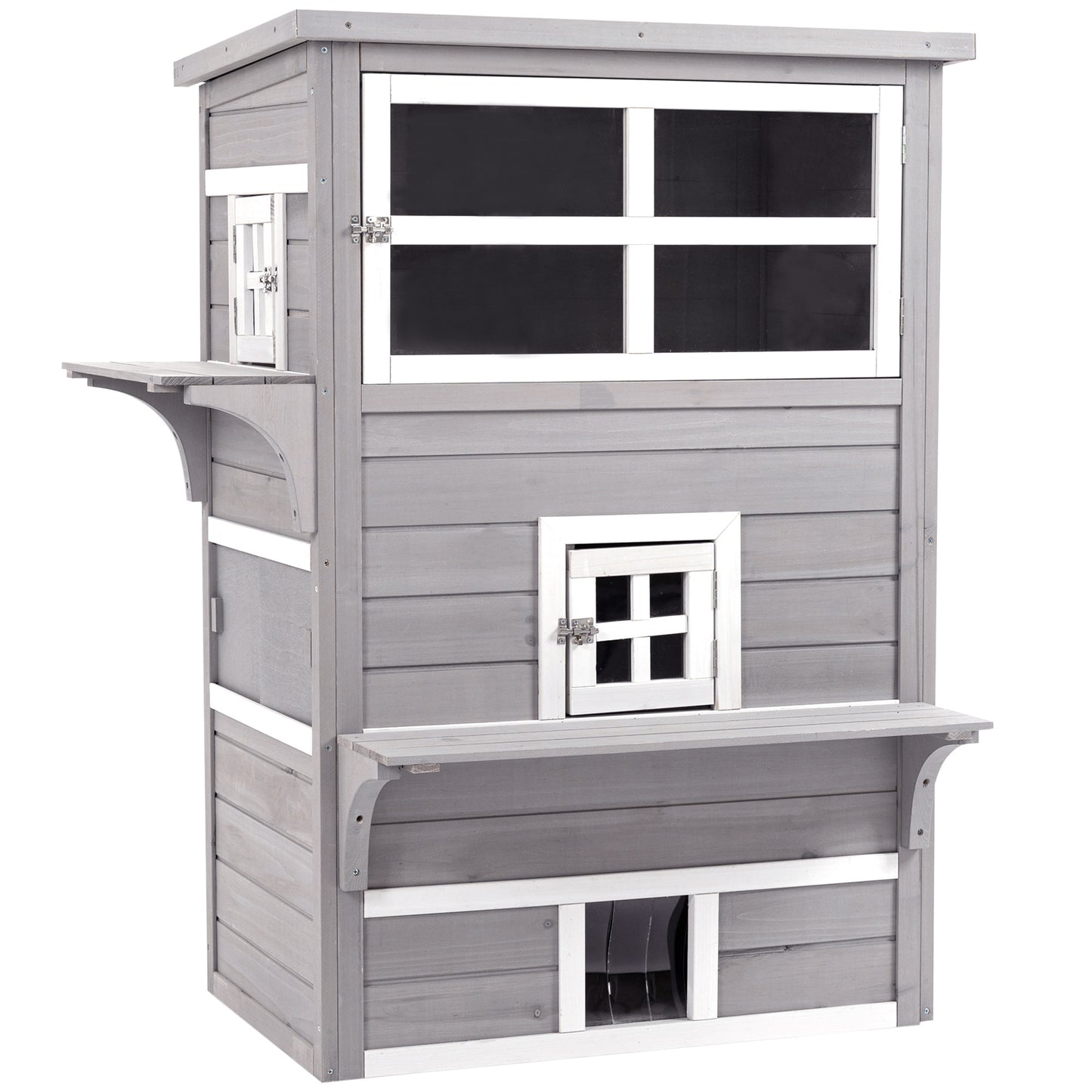 PawHut 3-Tier Feral Cat House Outdoor Kitten Condo with Raised Floor Asphalt Roof Escape Door Jumping Platform Gray | Aosom.com