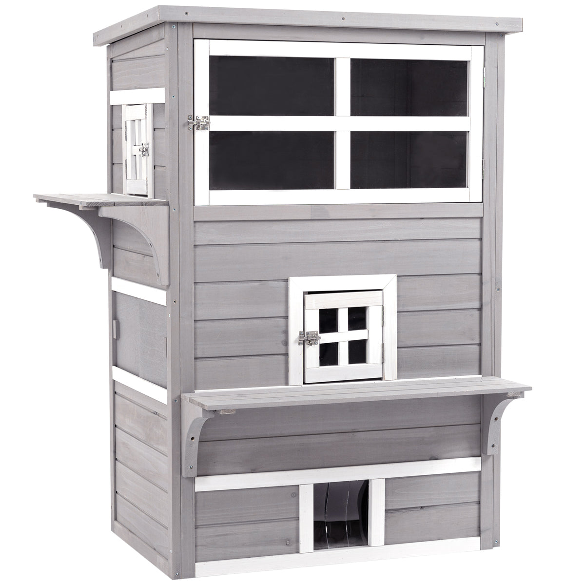 PawHut 3-Tier Feral Cat House Outdoor Kitten Condo with Raised Floor Asphalt Roof Escape Door Jumping Platform Gray | Aosom.com