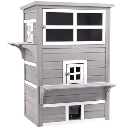 PawHut 3-Tier Feral Cat House Outdoor Kitten Condo with Raised Floor Asphalt Roof Escape Door Jumping Platform Gray | Aosom.com
