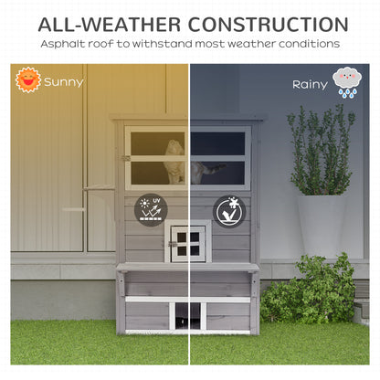 PawHut 3-Tier Feral Cat House Outdoor Kitten Condo with Raised Floor Asphalt Roof Escape Door Jumping Platform Gray | Aosom.com