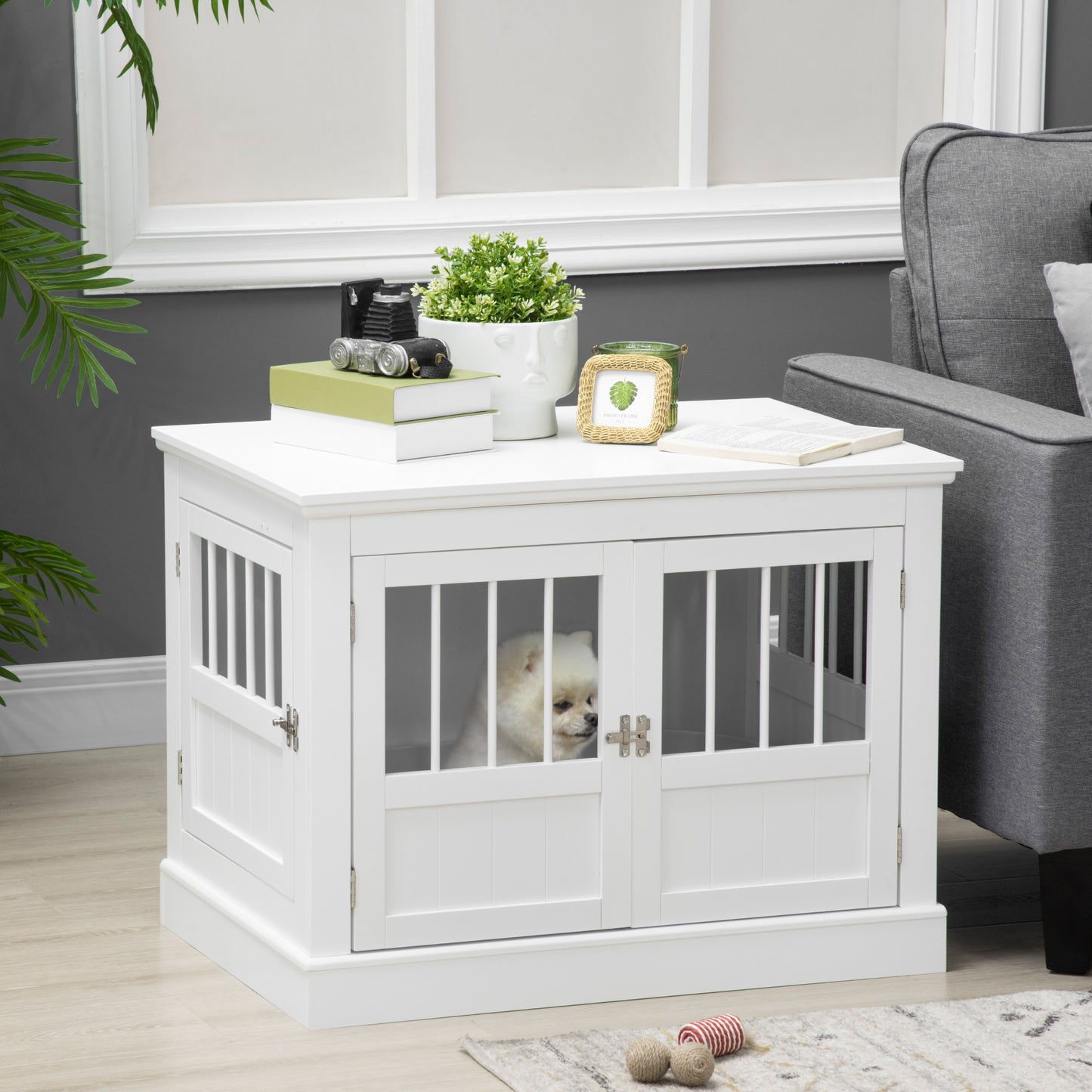 PawHut Wooden Dog Crate End Table, White, Triple Doors, Steel Tubes, for Small Dogs | Aosom.com