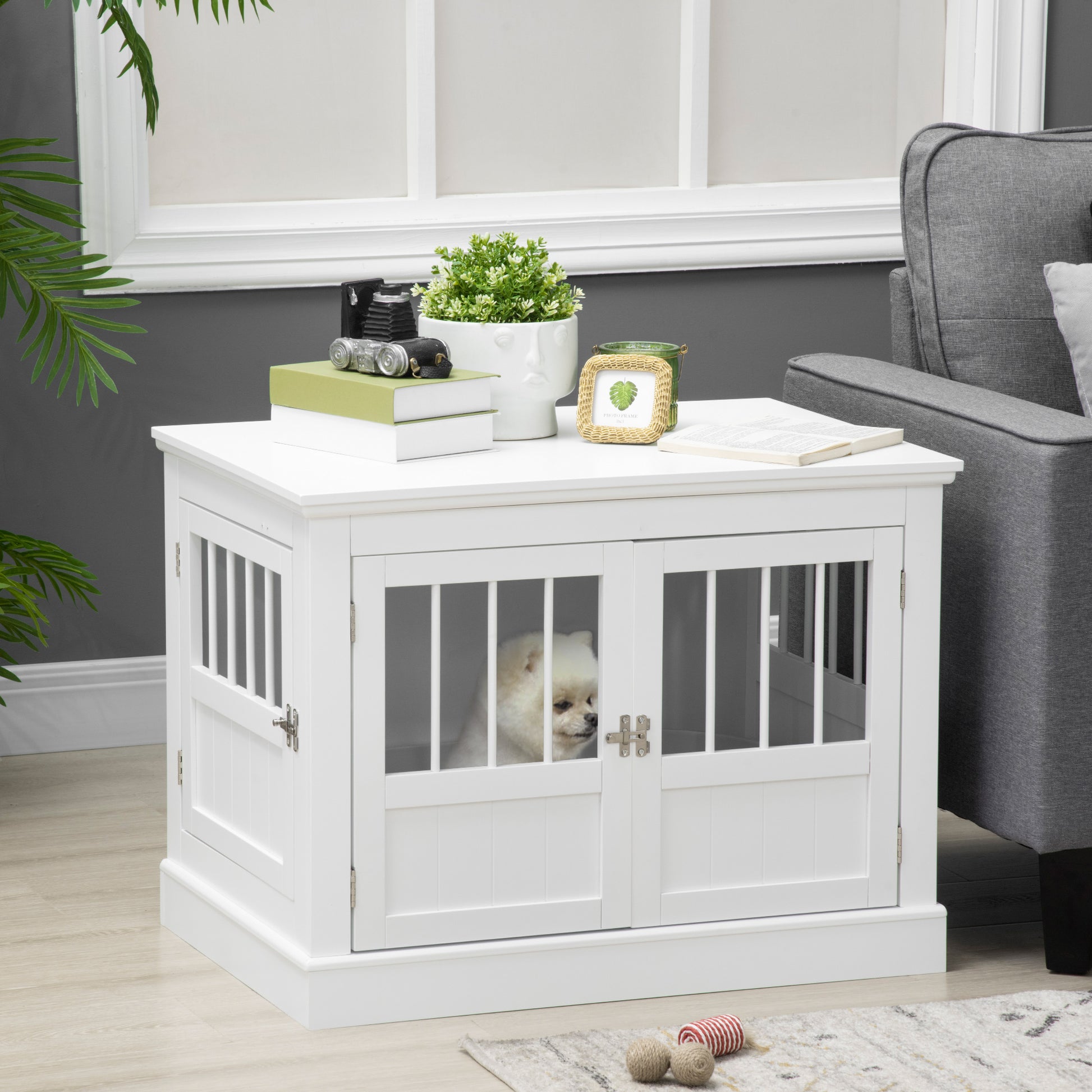 PawHut Wooden Dog Crate End Table, White, Triple Doors, Steel Tubes, for Small Dogs | Aosom.com