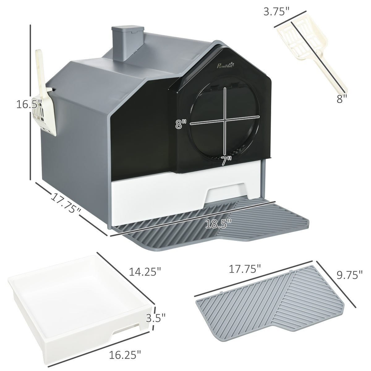 PawHut Hooded Cat Litter Box Furniture Gray Particle Catching Drawer Type Pan Scoop Easy Cleaning | Aosom.com
