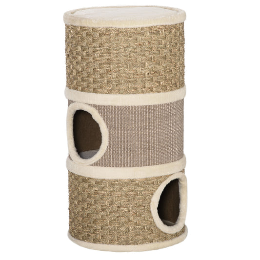 PawHut 28" Multi-Level Cat Condo with Sisal Scratching Pad 3 Story Hideaway for Cats Brown | Aosom.com