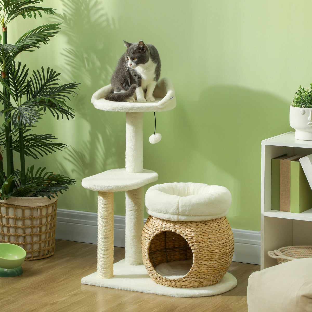 PawHut 31" Cat Tree House, Indoor Cat Activity Center with Scratching Posts, Cat Condo, Beds, Platform and Toy Ball, Cream White | Aosom.com