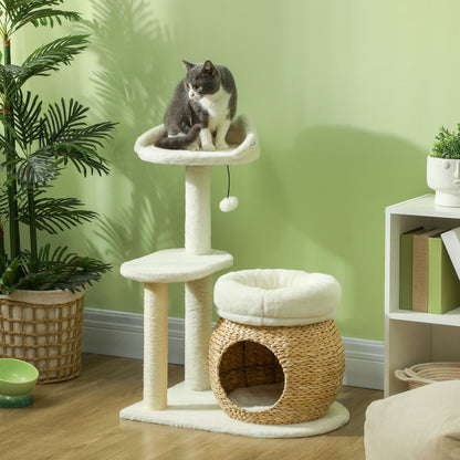 PawHut 31" Cat Tree House, Indoor Cat Activity Center with Scratching Posts, Cat Condo, Beds, Platform and Toy Ball, Cream White | Aosom.com
