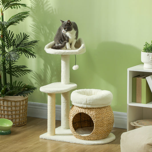 PawHut 31" Cat Tree House, Indoor Cat Activity Center with Scratching Posts, Cat Condo, Beds, Platform and Toy Ball, Cream White | Aosom.com