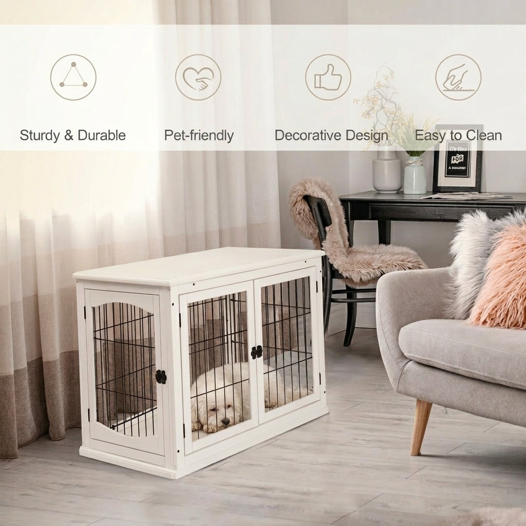 PawHut 26" Wooden Dog Cage Dog Crate Furniture, Indoor Dog Kennel, Dog Cage End Table with 2 Lockable Doors Entrance & Top Shelf, White