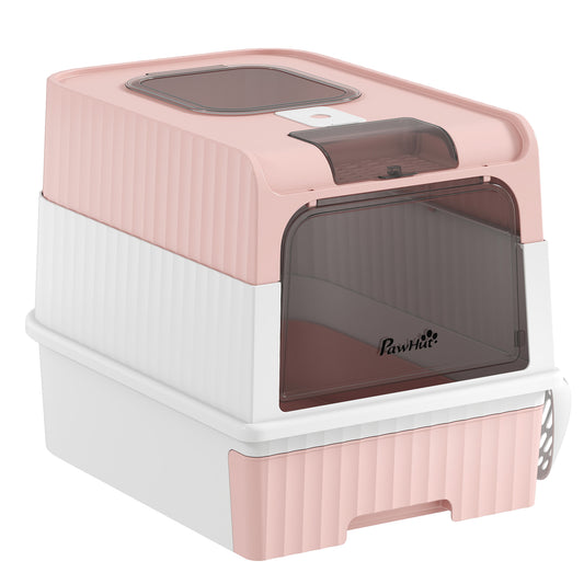 PawHut Cat Litter Box Hooded Cat Litter Tray with Drawer Pan Front Entry & Top Exit Easy Cleaning Pink