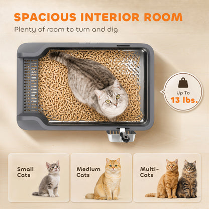 PawHut Stainless Steel Sifting Litter Box for Pine Pellets, Large Metal Litter Box with Sifter Tray, Metal Scoop, 10 Pee Pads