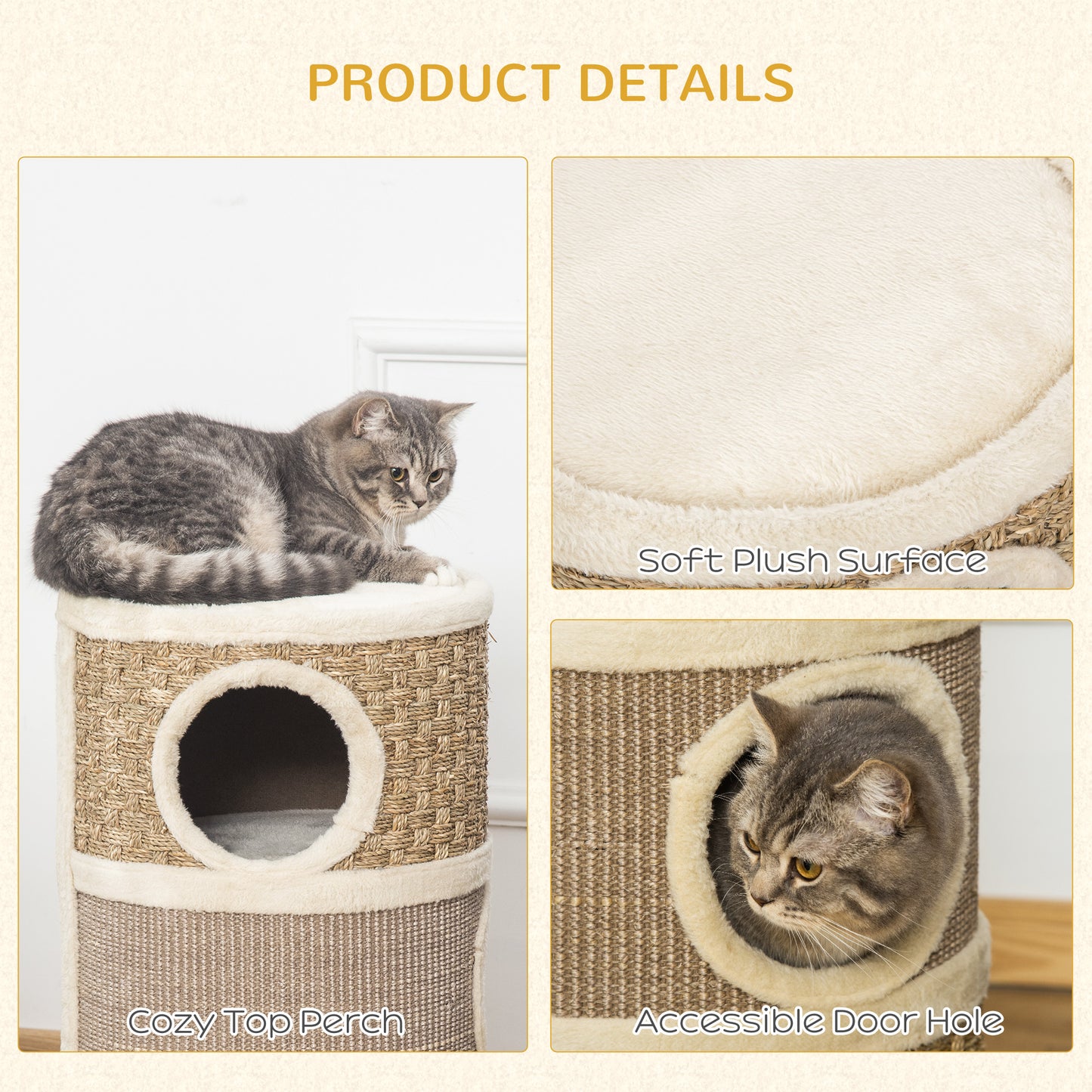 PawHut 28" Multi-Level Cat Condo with Sisal Scratching Pad 3 Story Hideaway for Cats Brown | Aosom.com