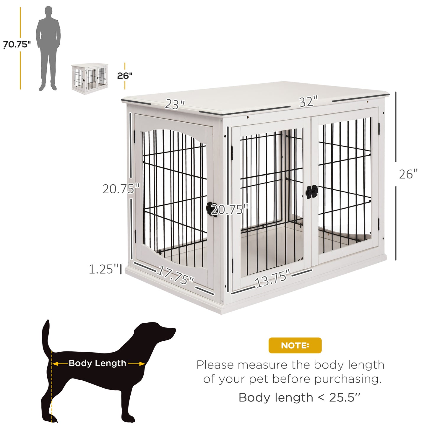 PawHut 26" Wooden Dog Cage Dog Crate Furniture, Indoor Dog Kennel, Dog Cage End Table with 2 Lockable Doors Entrance & Top Shelf, White