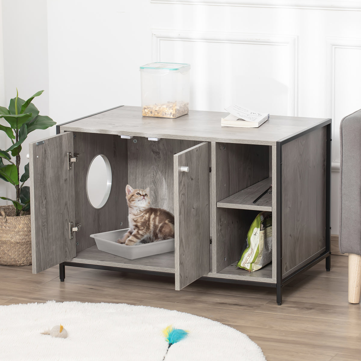 PawHut Cat Litter Box Enclosure Hidden Cat Furniture Cabinet Indoor Cat Washroom Double-door with Damping Hinge Multiple Storage Place Adjustable Grey