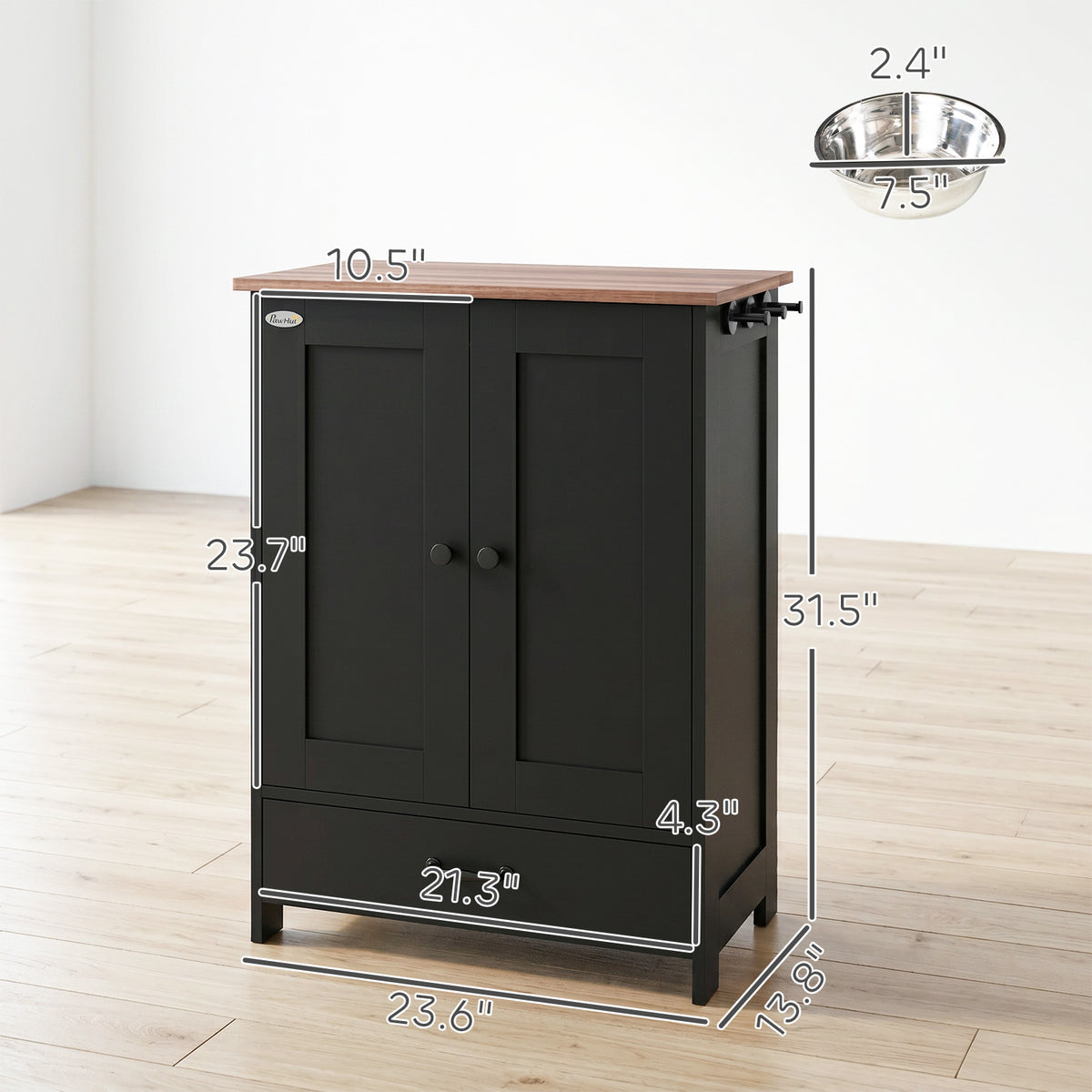 PawHut Pet Feeding Station, Dog Food Storage Cabinet w/ Raised Dog Bowls, Adjustable Panel, Hooks, for Medium Dogs, Black