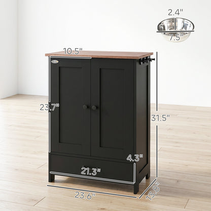 PawHut Pet Feeding Station, Dog Food Storage Cabinet w/ Raised Dog Bowls, Adjustable Panel, Hooks, for Medium Dogs, Black
