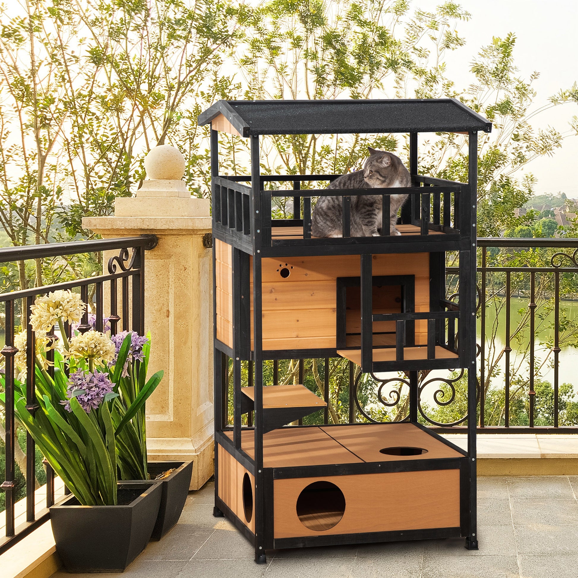 PawHut Wooden Outdoor Cat House, Feral Cat Shelter Kitten Tree with Asphalt Roof, Escape Doors, Condo, Jumping Platform, Yellow|Aosom.com