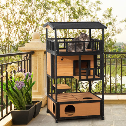 PawHut Wooden Outdoor Cat House, Feral Cat Shelter Kitten Tree with Asphalt Roof, Escape Doors, Condo, Jumping Platform, Yellow|Aosom.com