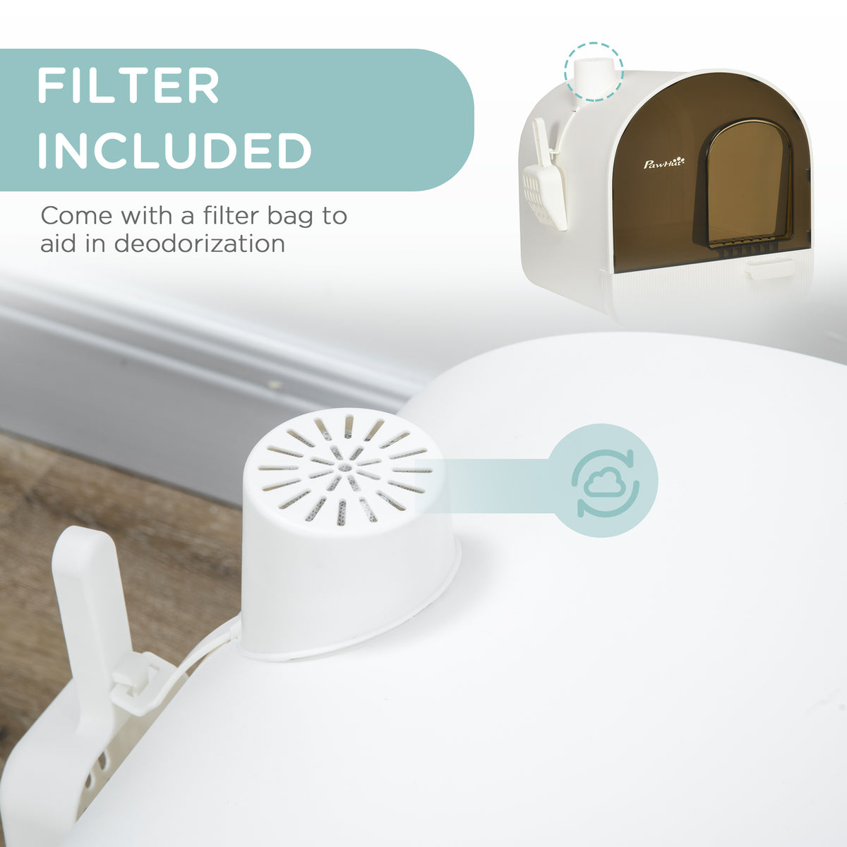 PawHut Covered Cat Litter Box with Lid, Scoop, and Filter, Sleek White | Aosom.com
