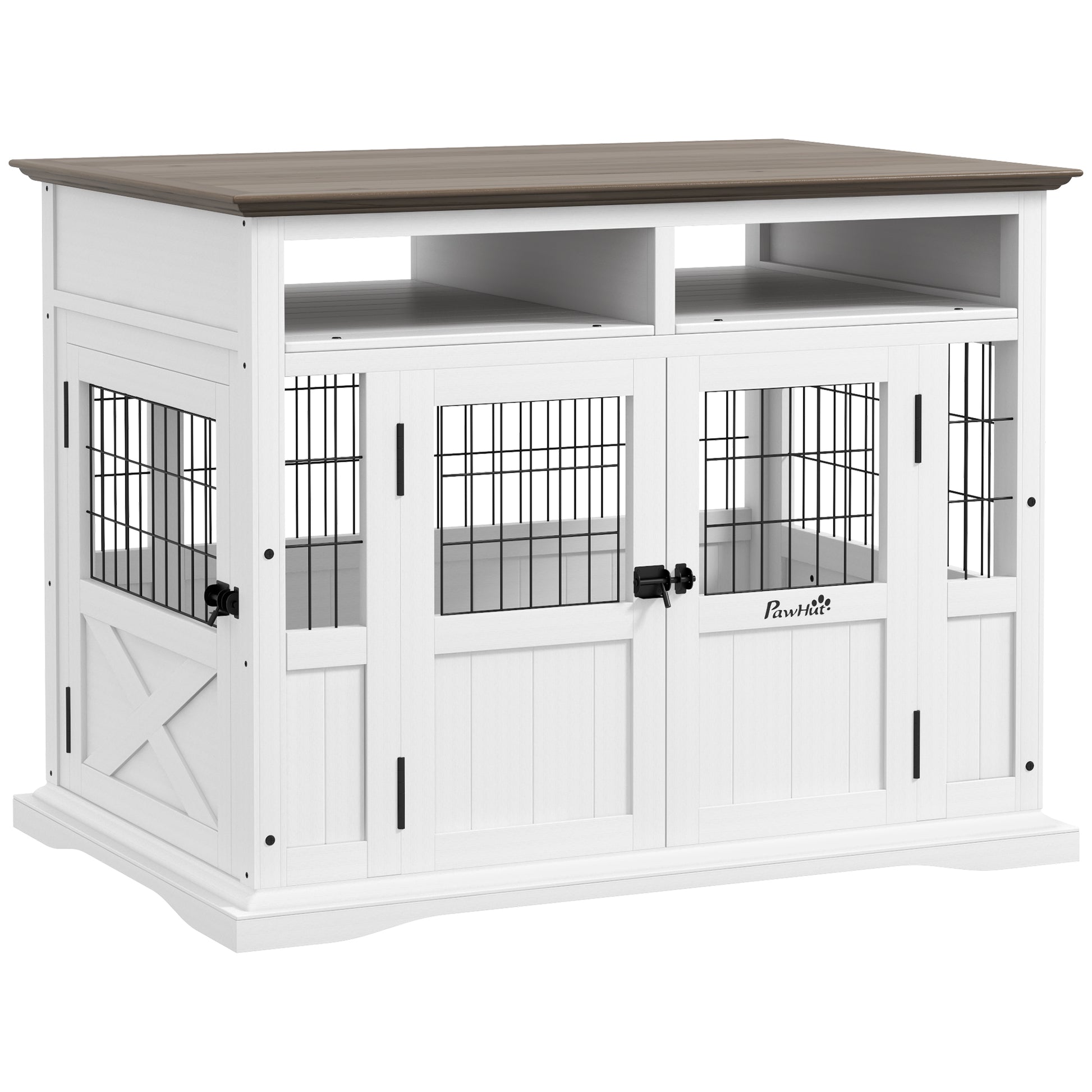 PawHut Dog Kennel Furniture Side End Table with Storage Double Doors Small Medium Dogs White | Aosom.com