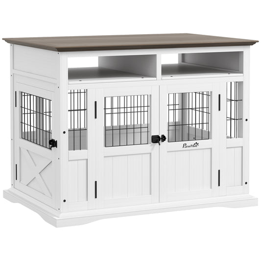 PawHut Dog Kennel Furniture Side End Table with Storage Double Doors Small Medium Dogs White | Aosom.com