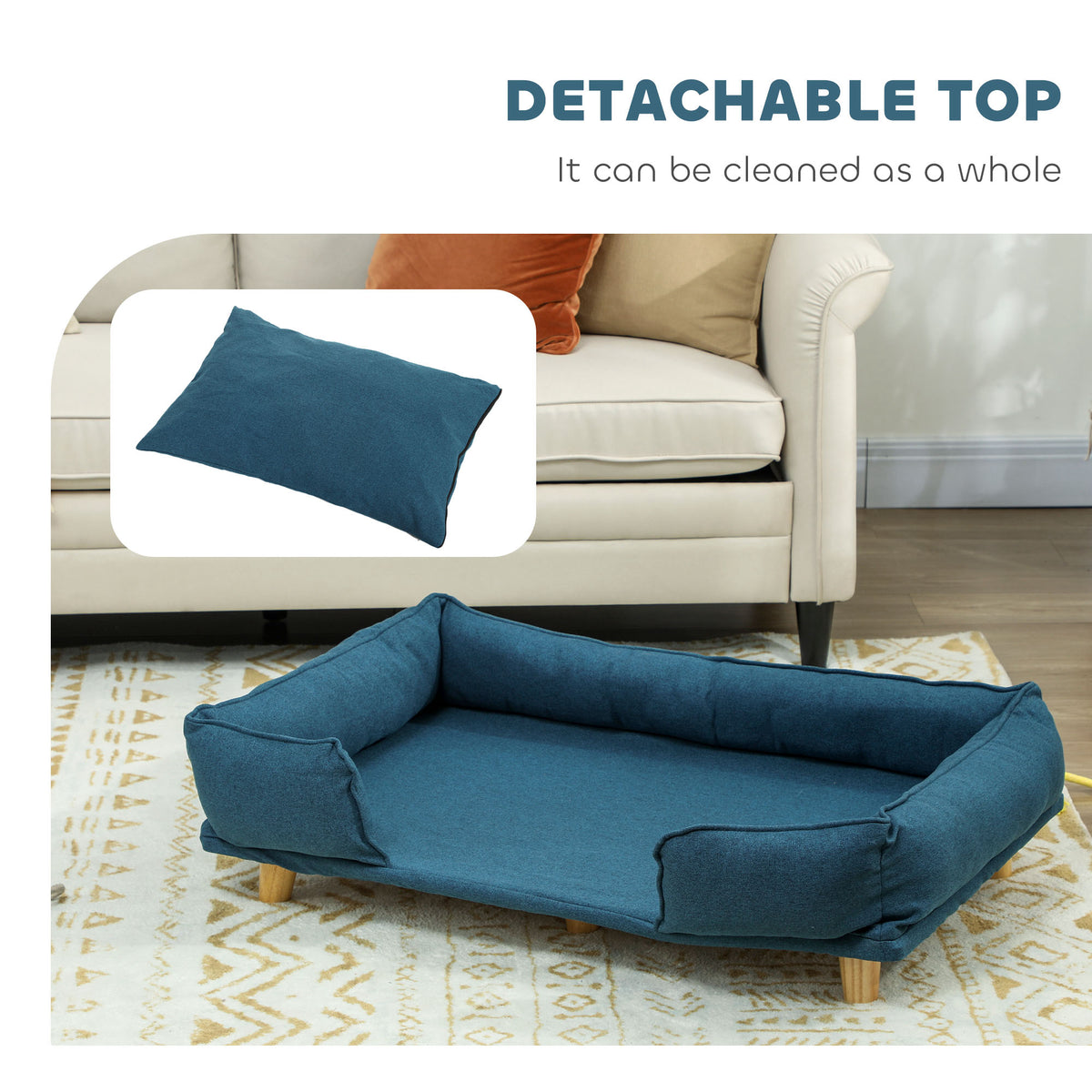 PawHut Raised Dog Couch with Comfortable Cushion, Pine Wood Legs, Foot Pads, for Large-Sized Dogs Indoor Use, Dark Blue