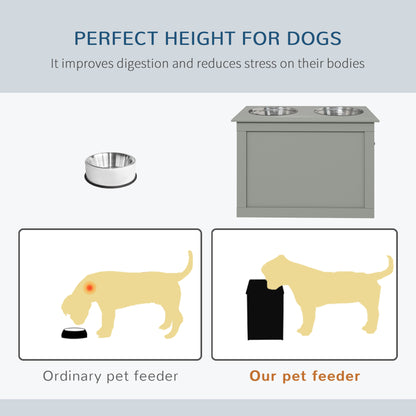 PawHut Raised Dog Feeding Station with 2 Stainless Steel Bowls and Storage for Large Dogs and Other Large Pets Gray