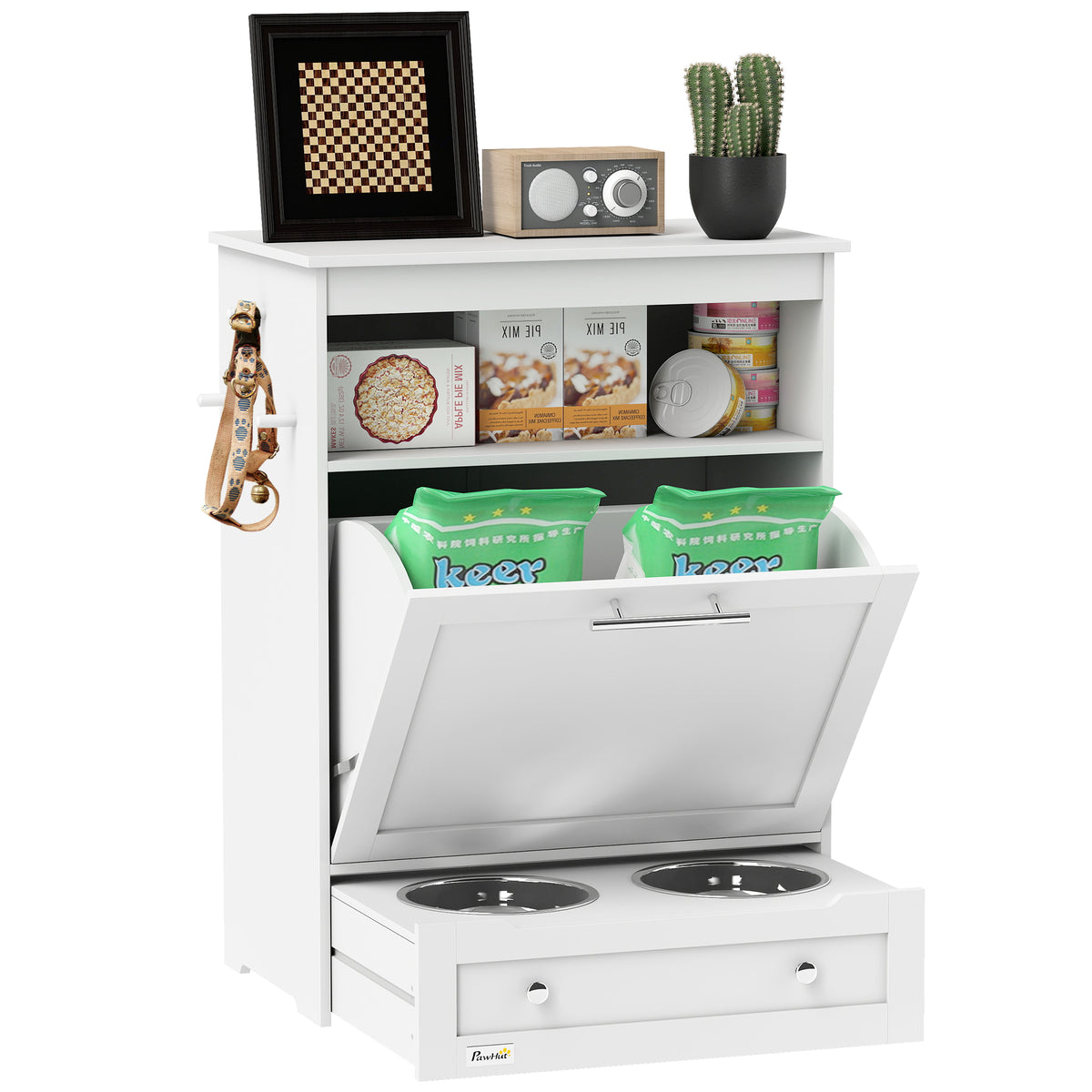 PawHut Pet Feeder Station with Storage, Dog Food Storage Container with 2 Raised Dog Bowls, White | Aosom.com