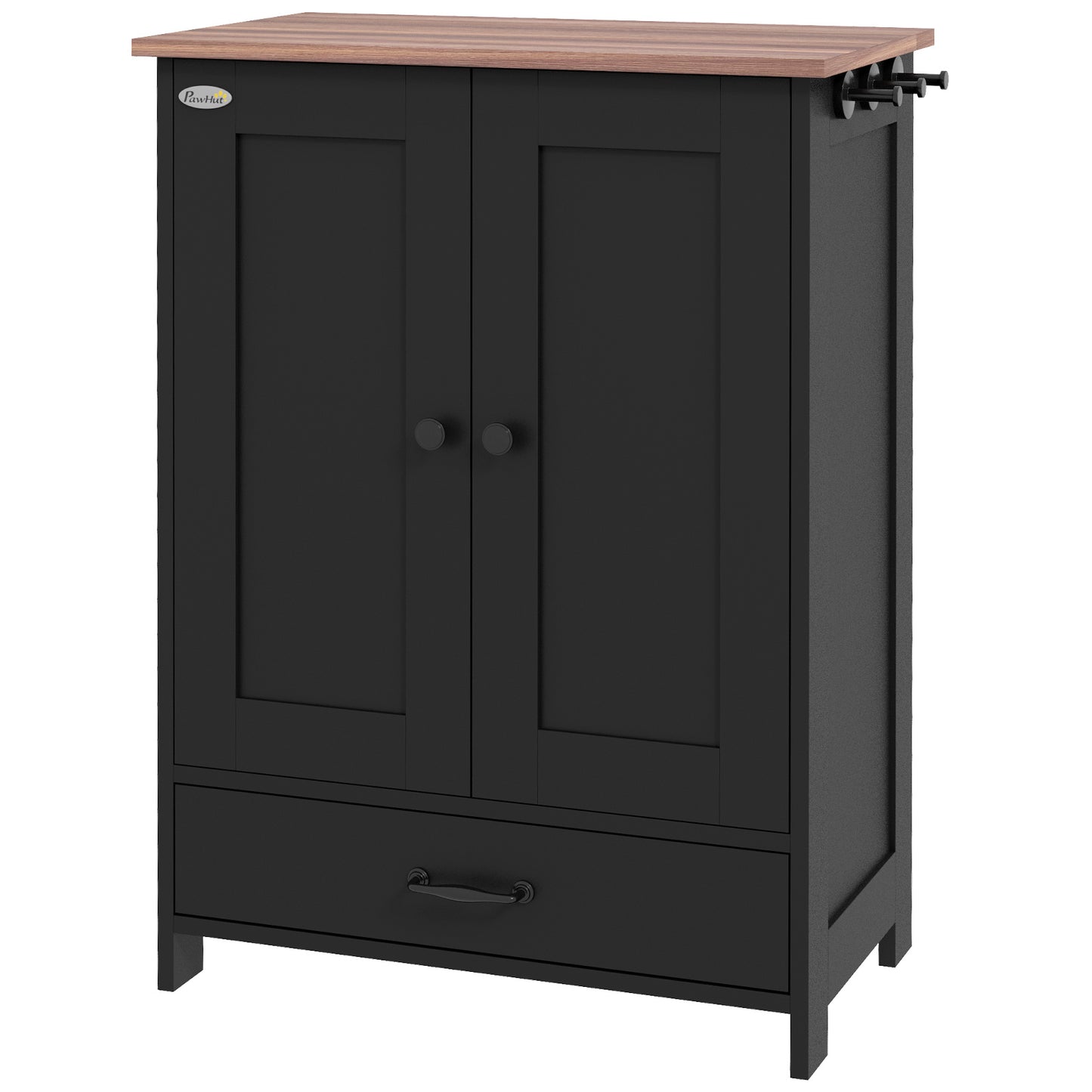 PawHut Pet Feeding Station, Dog Food Storage Cabinet w/ Raised Dog Bowls, Adjustable Panel, Hooks, for Medium Dogs, Black
