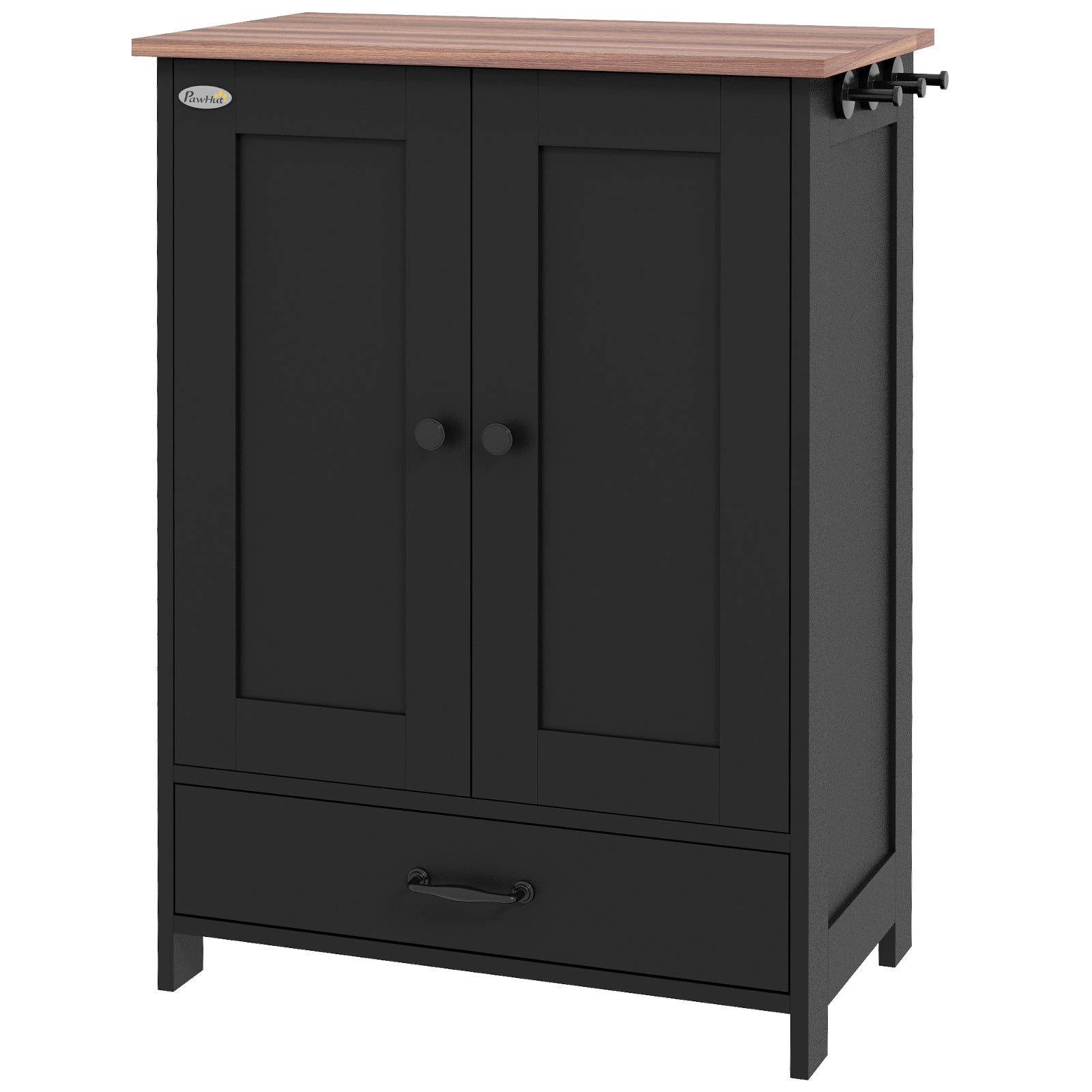 PawHut Pet Feeding Station, Dog Food Storage Cabinet w/ Raised Dog Bowls, Adjustable Panel, Hooks, for Medium Dogs, Black