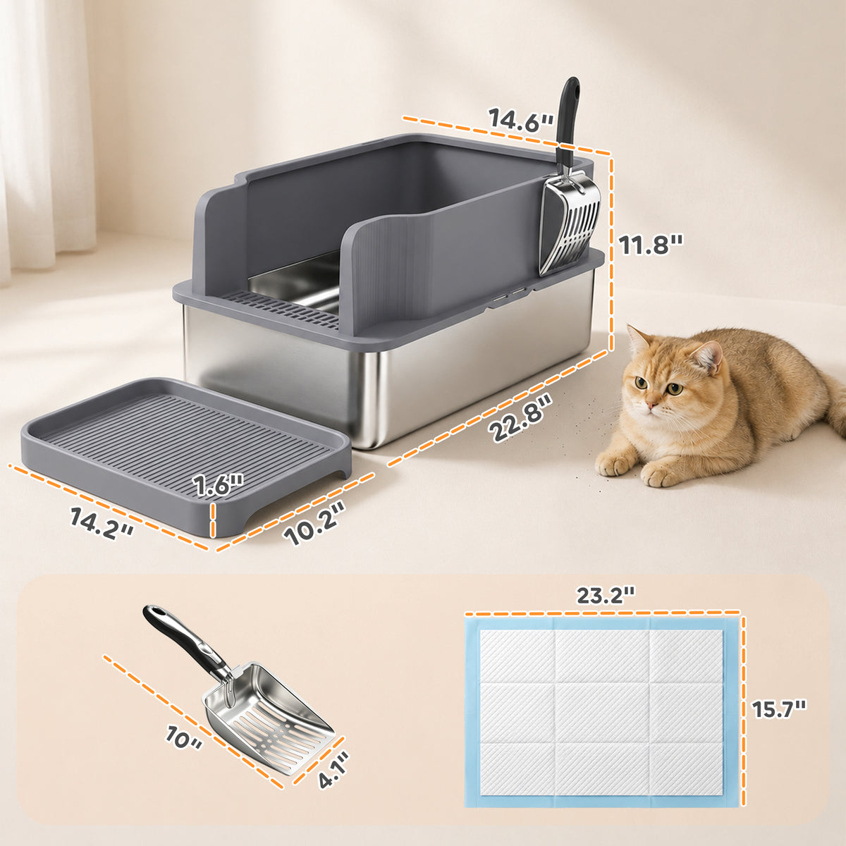 PawHut Stainless Steel Sifting Litter Box for Pine Pellets, Large Metal Litter Box with Sifter Tray, Metal Scoop, 10 Pee Pads